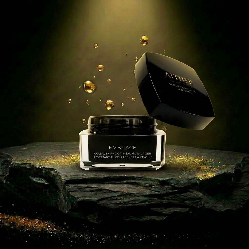 AITHER Embrace Collagen Moisturizer on dark schist pedestal with golden droplets