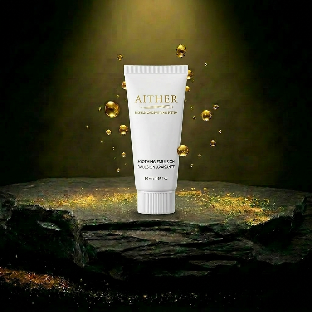 AITHER Soothing Emulsion white tube on dark schist pedestal with golden droplets
