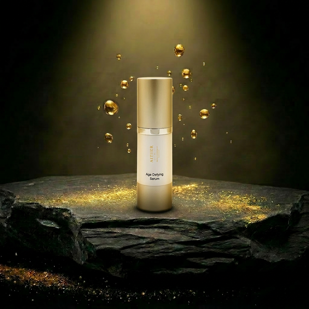 AITHER Age Defying Serum on luxury rock pedestal with golden droplets