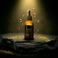 AITHER Collagen and Retinol Serum on luxury rock pedestal with golden droplets