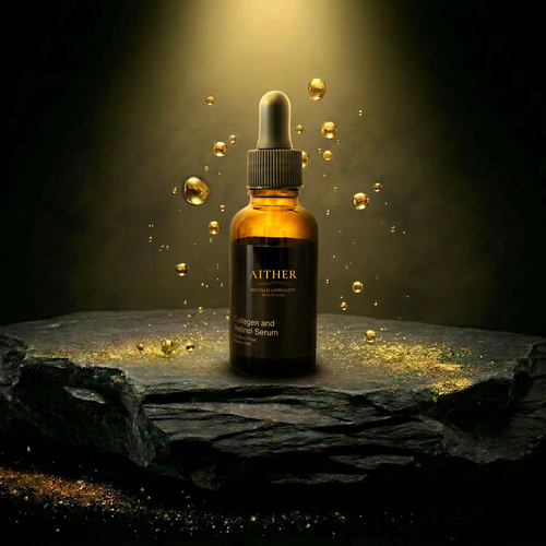 AITHER Collagen and Retinol Serum on luxury rock pedestal with golden droplets