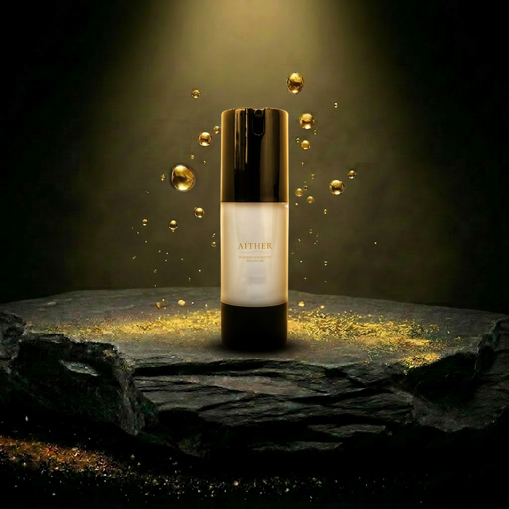 AITHER Extreme Moisture Blend on luxury rock pedestal with golden droplets