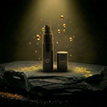 AITHER Firm Serum on luxury rock pedestal with golden droplets