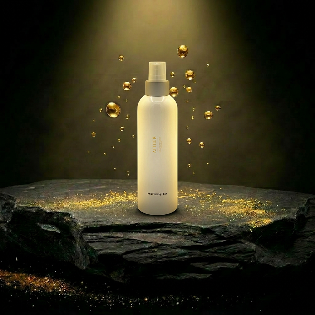 AITHER Mild Toning Elixir on luxury rock pedestal with golden droplets