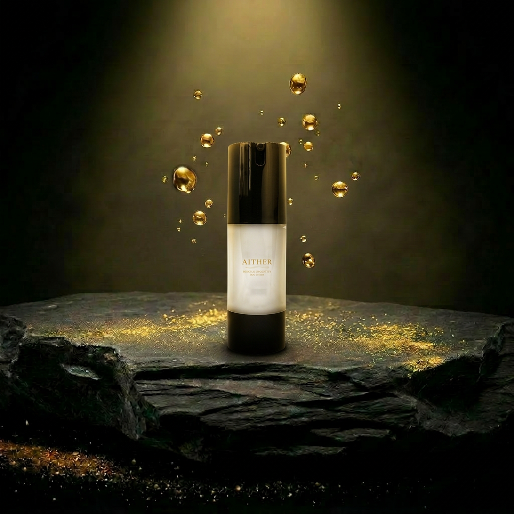 AITHER Oil Control Hydrator on luxury rock pedestal with golden droplets