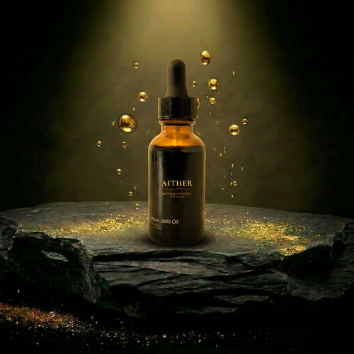 AITHER Anti-aging Rose Gold Oil — dark amber dropper bottle on volcanic rock pedestal with golden droplets