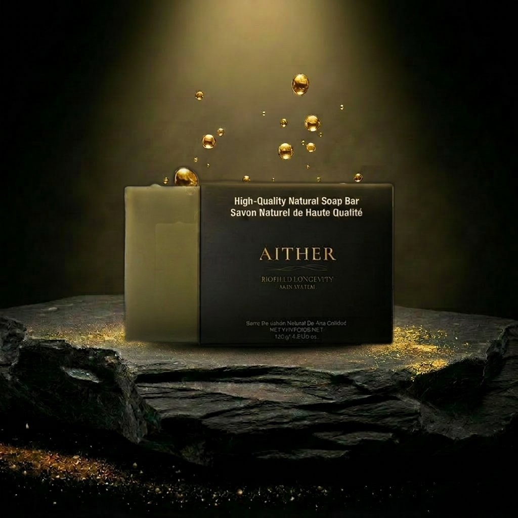 AITHER Natural Soap - Green Tea & Lemongrass on luxury rock pedestal with golden droplets