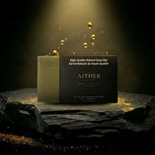 AITHER Natural Soap - Green Tea & Lemongrass on luxury rock pedestal with golden droplets