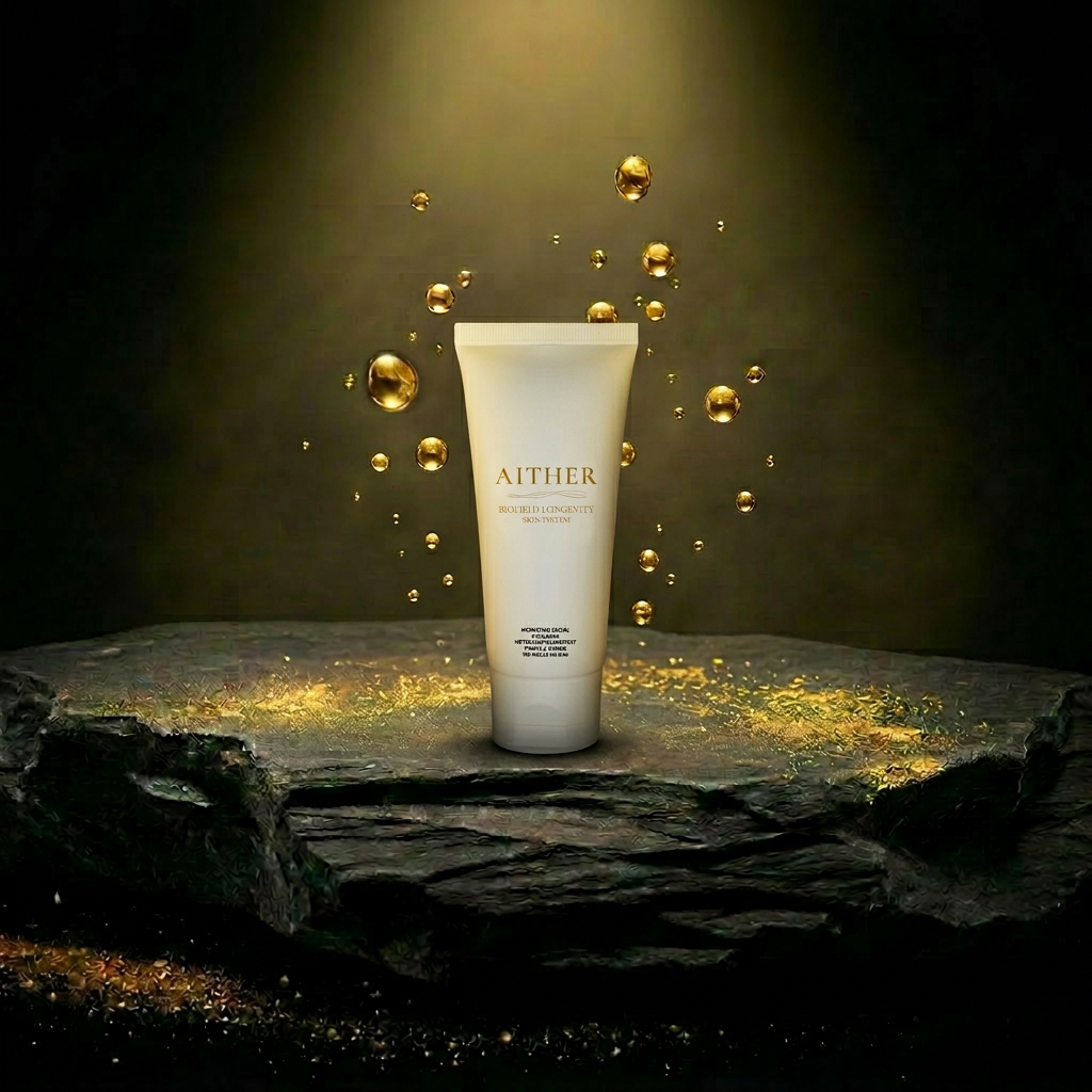 AITHER Hydrating Facial Cleanser on luxury rock pedestal with golden droplets