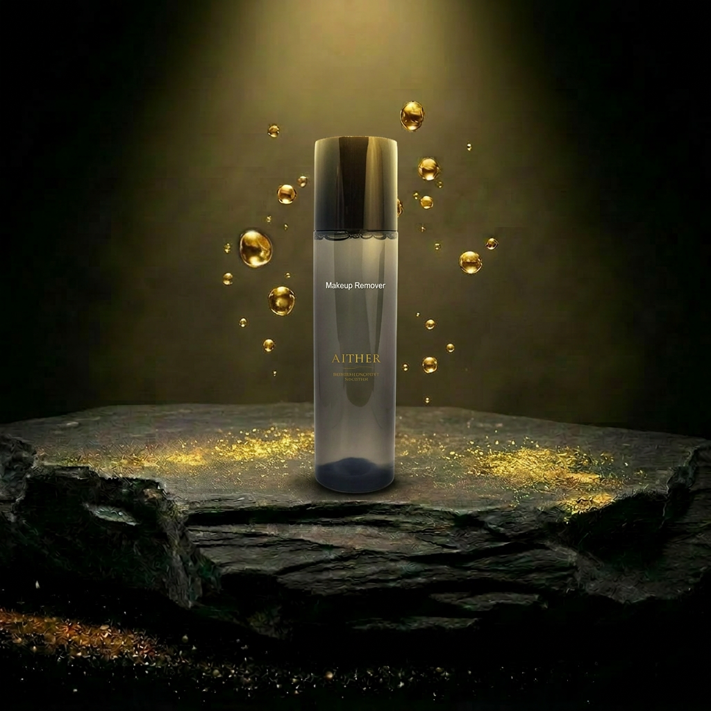 AITHER Makeup Remover Solution on luxury rock pedestal with golden droplets