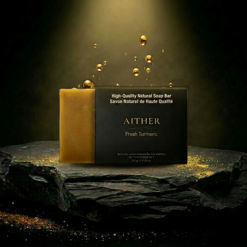 AITHER Natural Soap - Fresh Tumeric on luxury rock pedestal